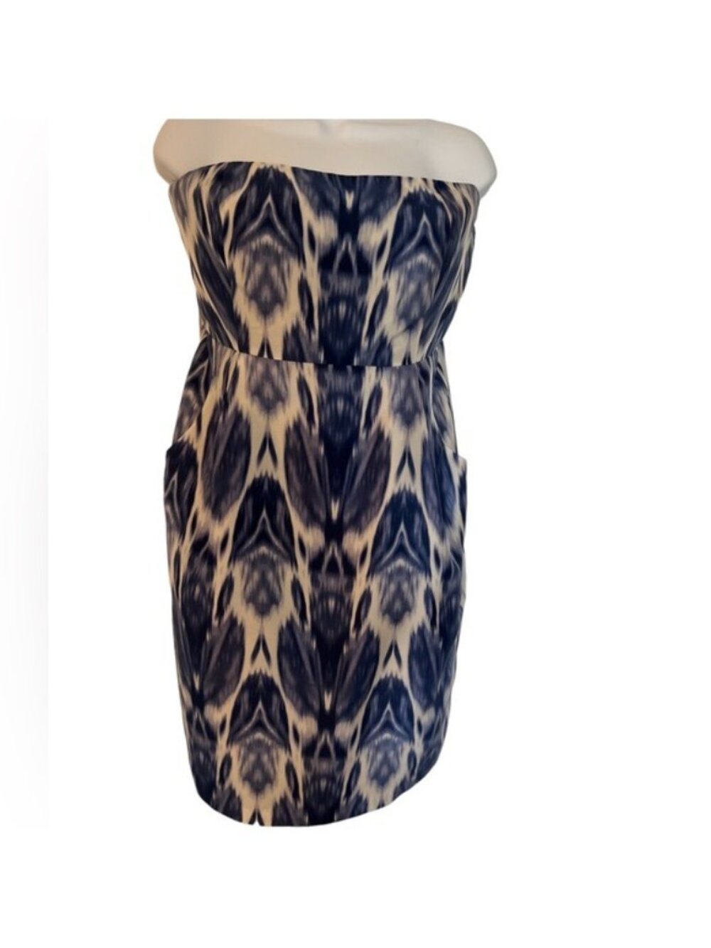 J Crew Collection Strapless Diana Ikat Silk Dress Size 8 Blue and White
